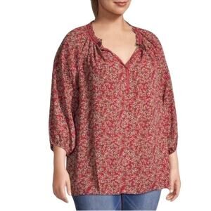 MAX STUDIO Blouse Top 2X Red Ivory Floral Ruffle Puffed Balloon 3/4 Sleeve